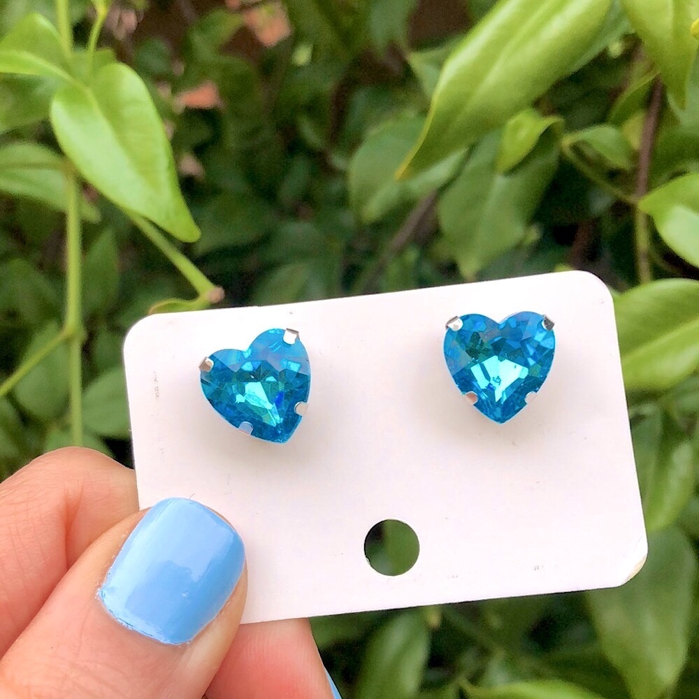 Aquamarine Blue + Silver Crystal Heart Earrings